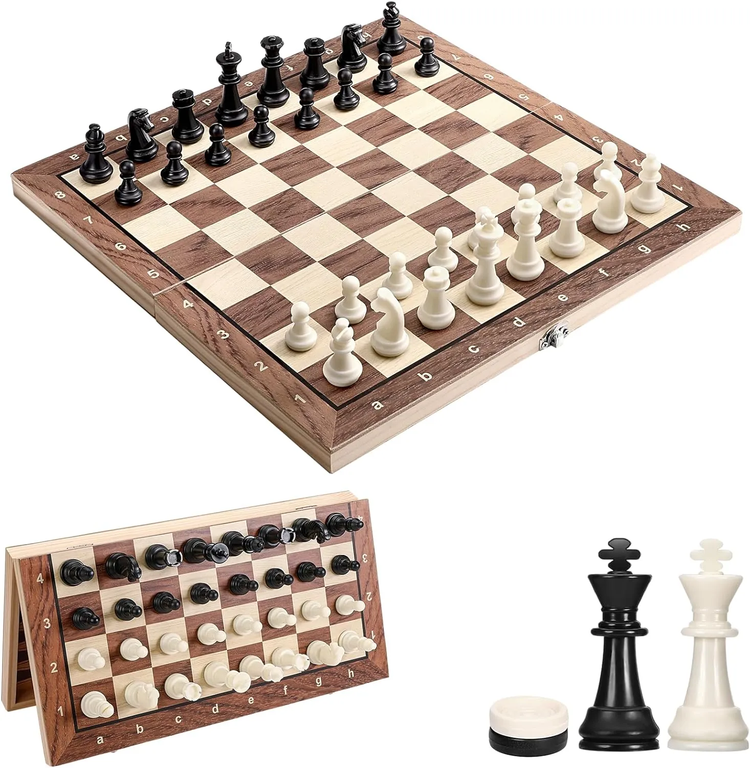 Bild von Magnetisches 3 in 1 Schachspiel aus Holz, einklappbar und tragbar, 29 x 29 cm für Erwachsene und Kinder