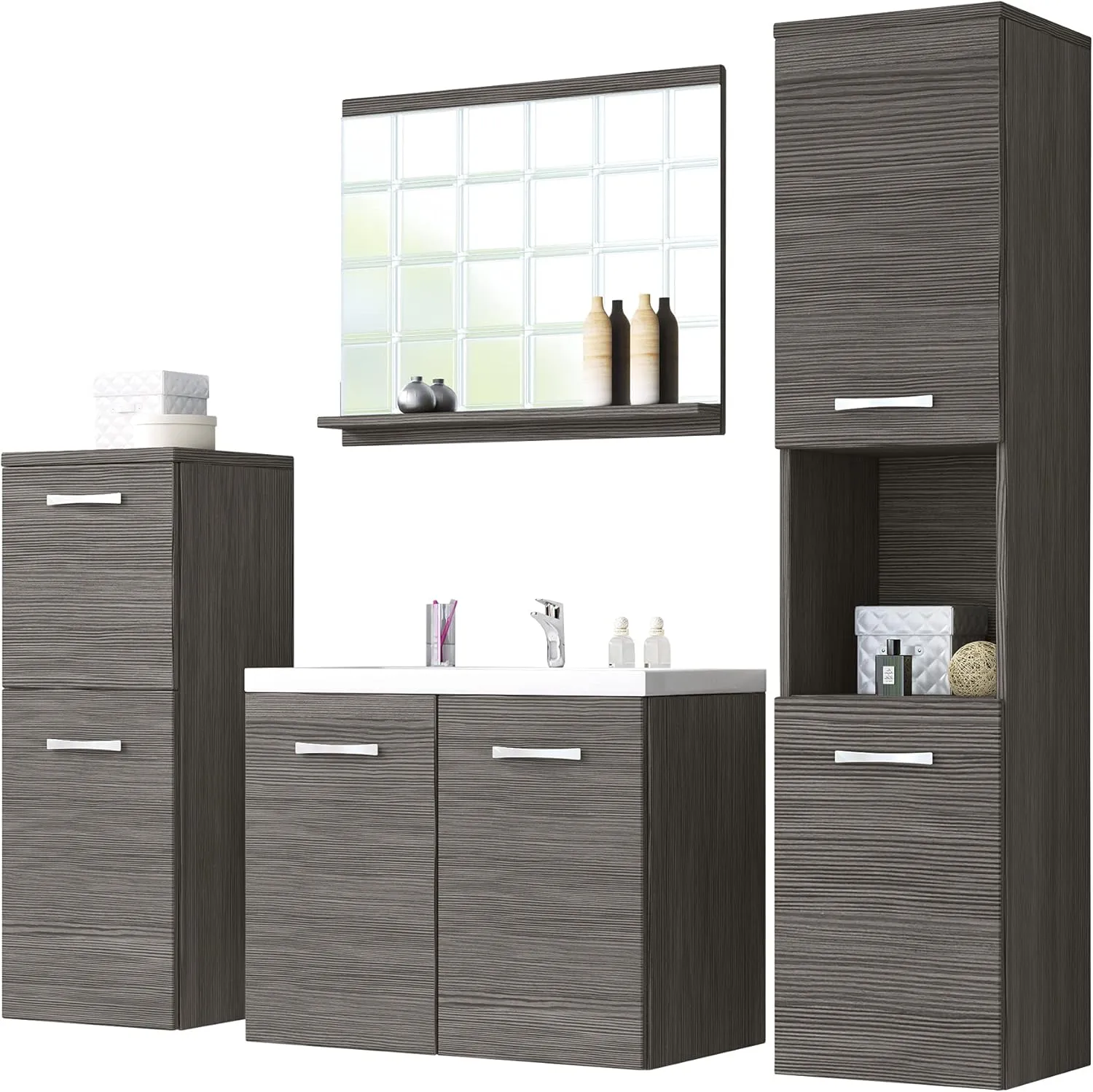 Bild von Maja Badmöbel Set mit Waschbecken, Spiegel und Hochschrank für ein modernes Badezimmer