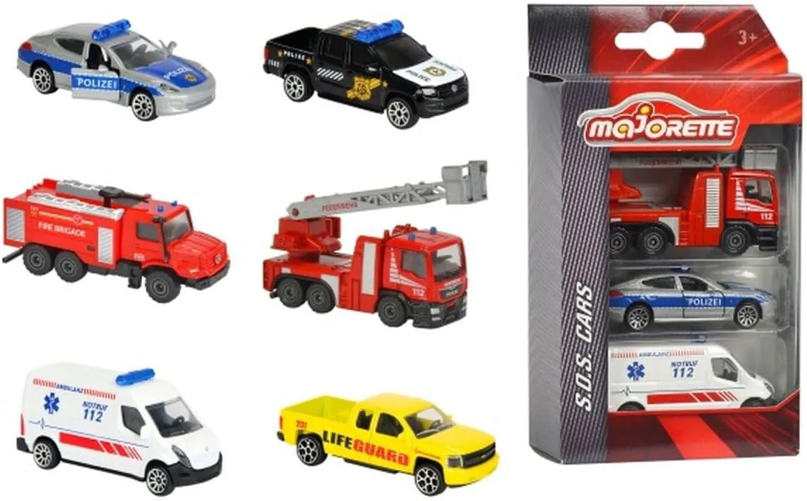 Bild von Majorette SOS Spielzeugauto-Set mit 3 zufälligen Einsatzfahrzeugen der S.O.S. Cars Edition für Kinder ab 3 Jahren
