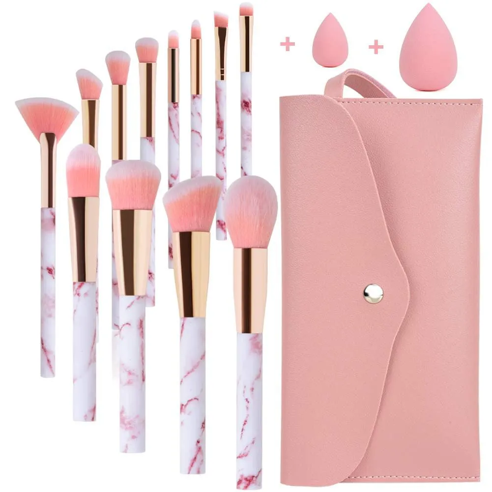 Bild von Make up Pinsel Set Start Makers mit 12 Teilen in Rosa Marmor, inklusive Concealer, Foundation, Lidschatten, Beauty Blender und Tasche