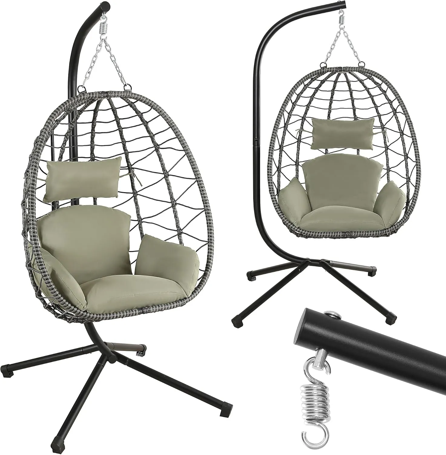 Bild von Makika Hängesessel mit höhenverstellbarem Gestell für drinnen und draußen, inklusive Kissen, bis 150 kg belastbar, aus Polyrattan in Grün/Grau