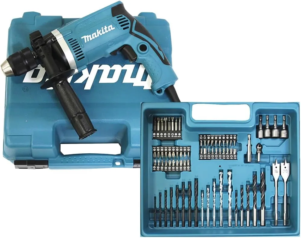 Bild von Makita HP1631KX3 Schlagbohrmaschine mit 710 Watt im Koffer und 74-teiligem Zubehör