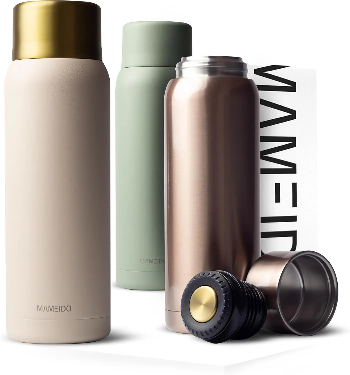 Bild von MAMEIDO Thermoskanne 1 Liter aus Edelstahl mit Becher, hält Getränke bis zu 12 Stunden heiß, auslaufsicher und BPA-frei in Ivory Beige Gold