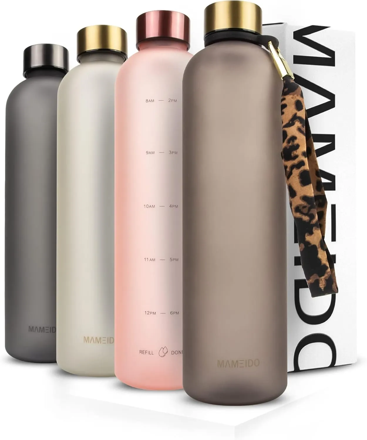 Bild von MAMEIDO Trinkflasche in Urban Taupe Gold mit 1 Liter und 1,5 Liter Optionen, auslaufsicher und BPA-frei, mit Zeitmarkierung für Sportler
