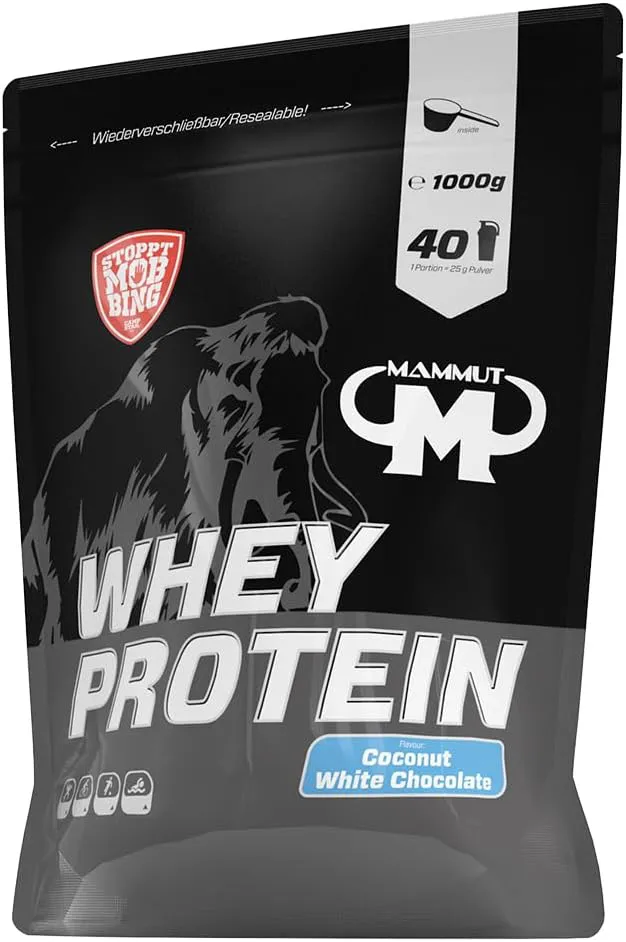 Bild von Mammut Nutrition Whey Protein Pulver mit Kokosnuss und weißer Schokolade, 1 kg, 27 g Protein pro Portion, hohe Löslichkeit in Wasser und Milch