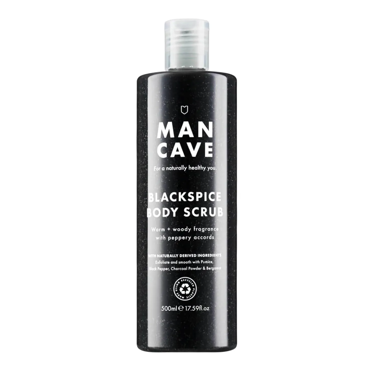 Bild von ManCave Body Scrub Blackspice 500 ml für Männer mit natürlicher Formel, Bimsstein und Aktivkohle für Reinigung und Peeling