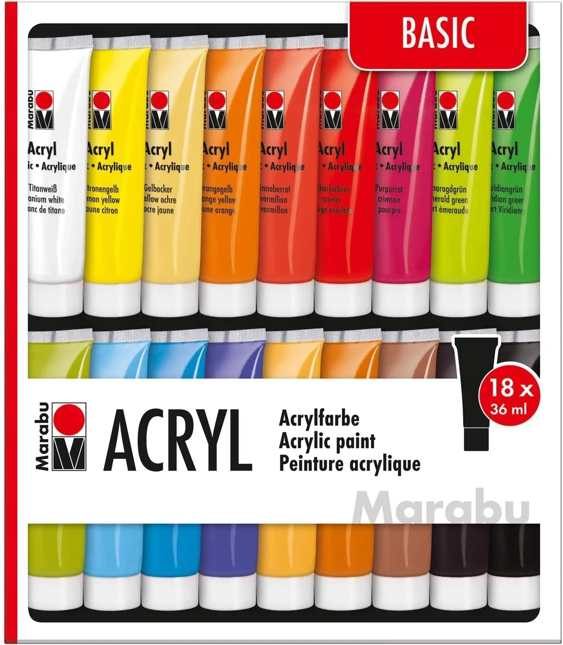 Bild von Marabu Acrylfarben Set Basic mit 18 x 36 ml Farben, wasserbasiert, schnell trocknend und lichtecht
