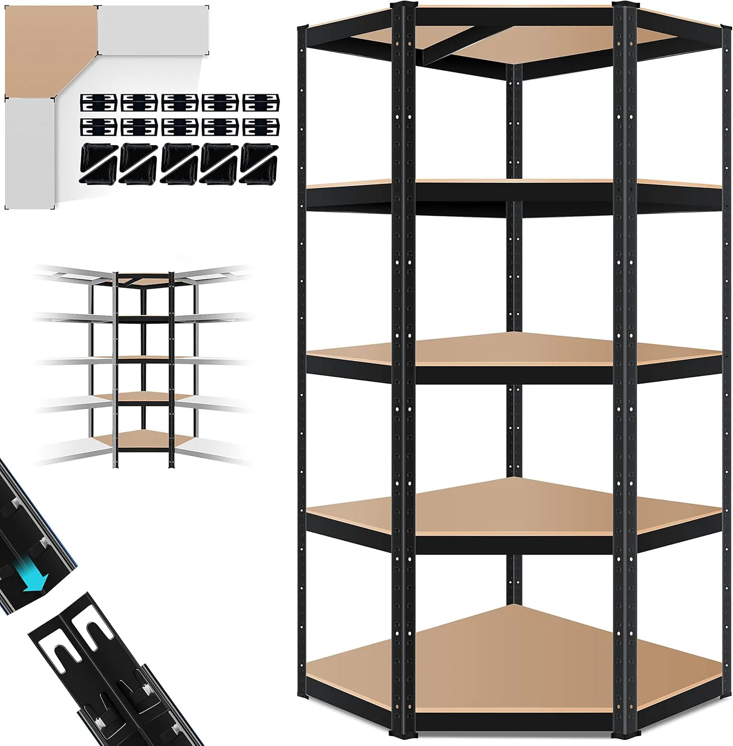 Bild von MASKO Eckregal mit 5 verstellbaren Ablagen, 180x75x40 cm, bis 875 kg Tragkraft, aus Metall und MDF, ideal für Werkstatt, Keller und Garage