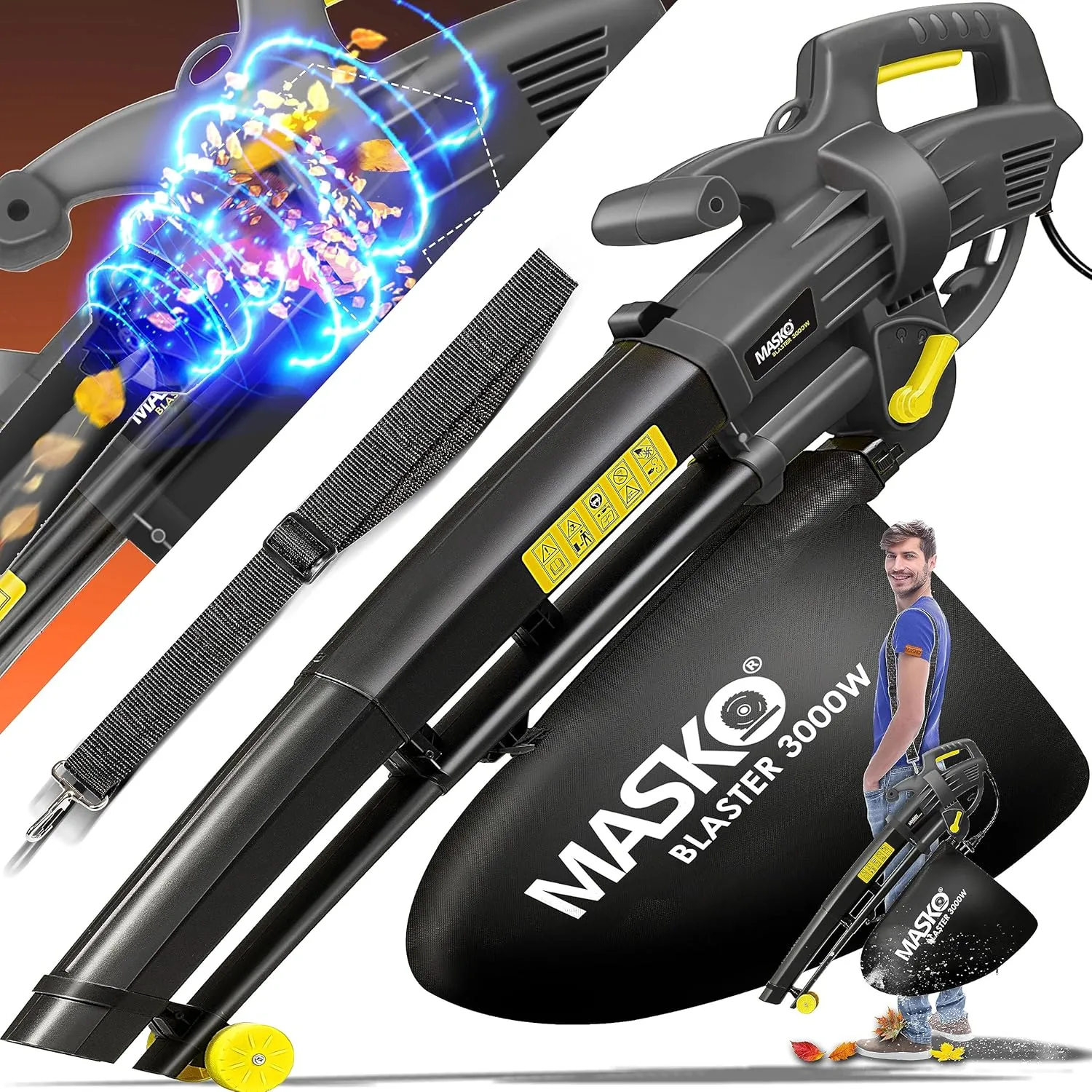 Bild von MASKO Elektro Laubsauger 3 in 1 mit 3000 Watt, Schultergurt, Rollen und 45 Liter Fangsack in Anthrazit