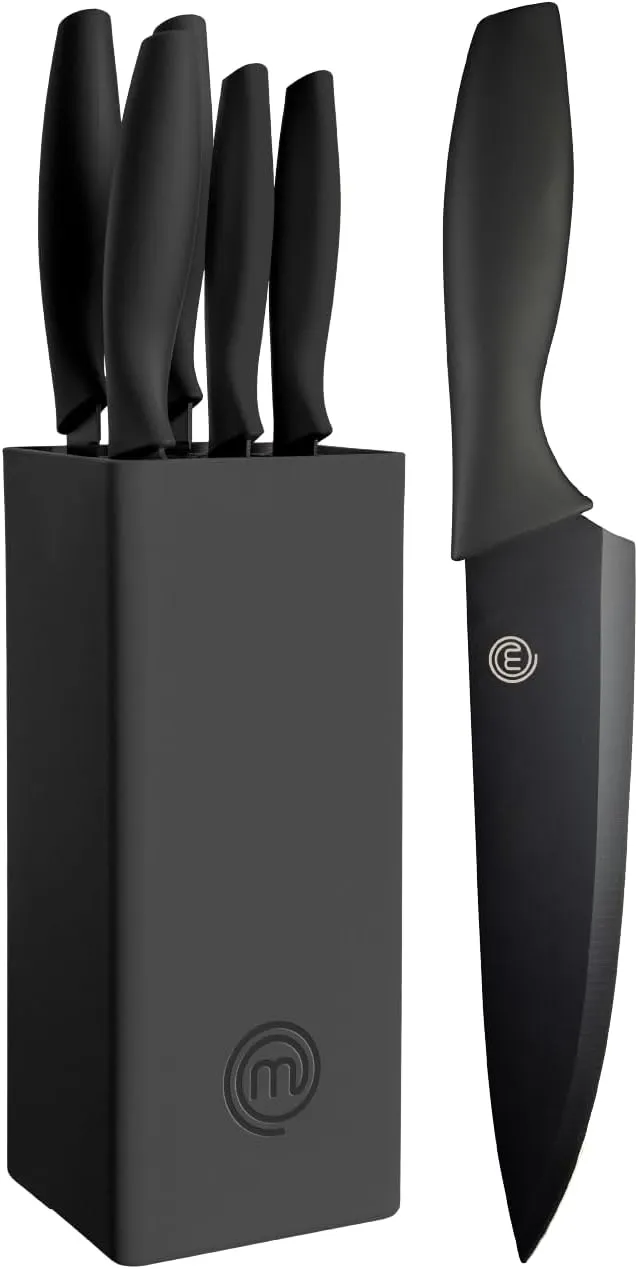 Bild von MasterChef 5-teiliges Messerblock Set mit Santokumesser, Brotmesser, Kochmesser, Gemüsemesser und Allzweckmesser in Schwarz mit Soft-Touch-Griffen