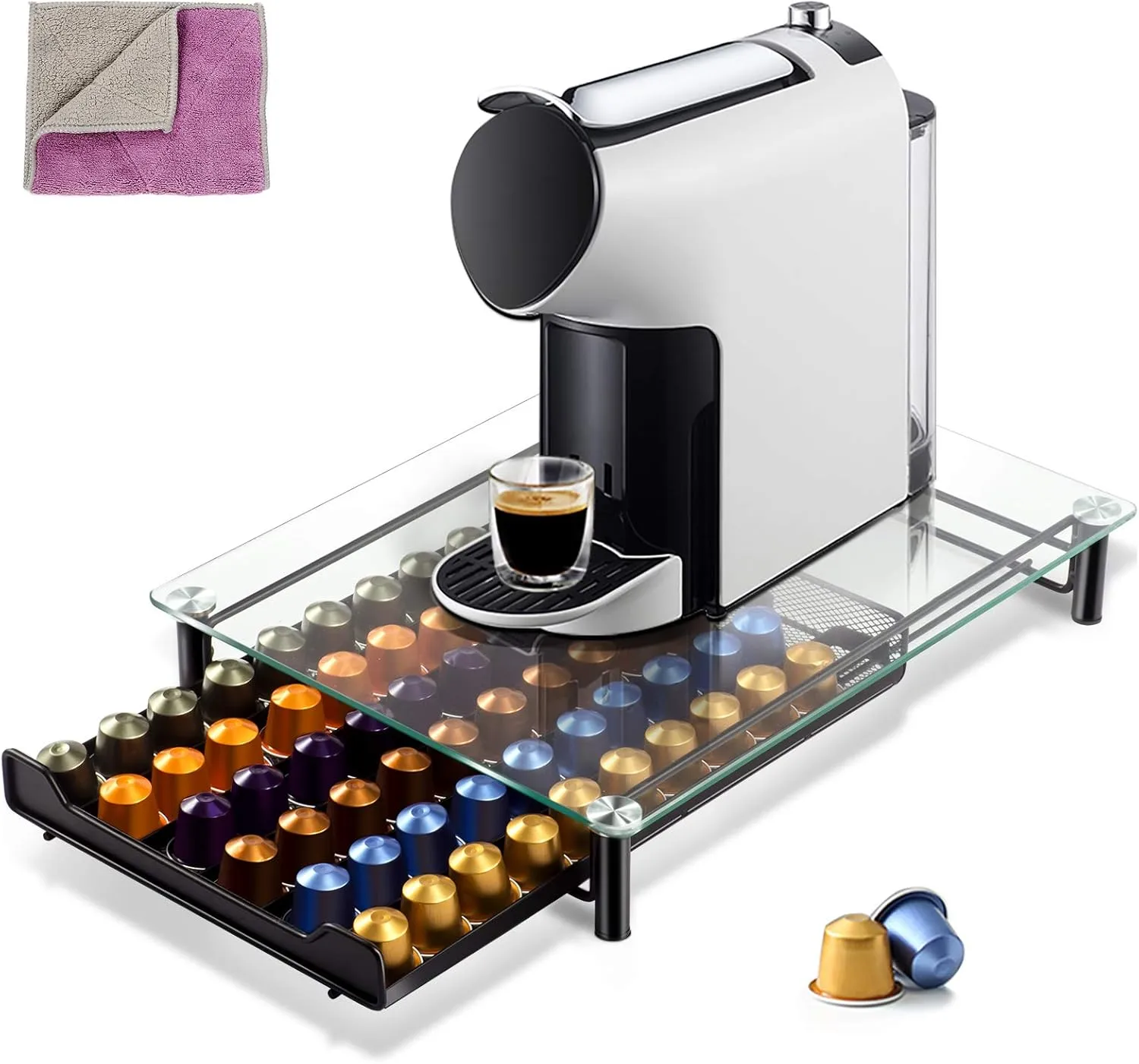 Bild von MASTERTOP Kaffeekapselhalter für Nespresso mit Platz für 60 Kapseln und einem Reinigungstuch aus gehärtetem Glas