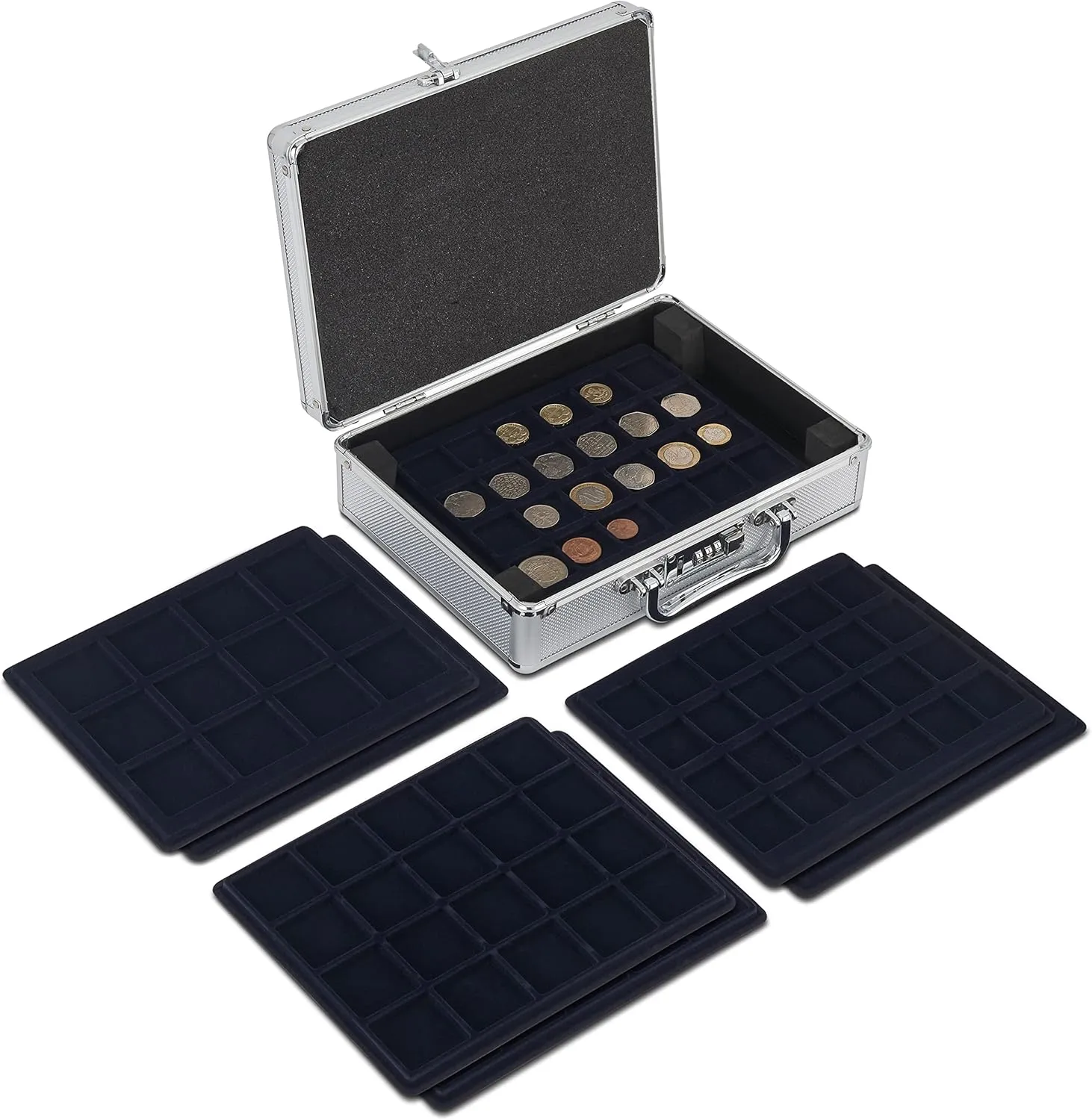 Bild von MATANA Premium Aluminium Münzkoffer mit 6 Tabletts und Zahlenschloss für bis zu 112 Münzen