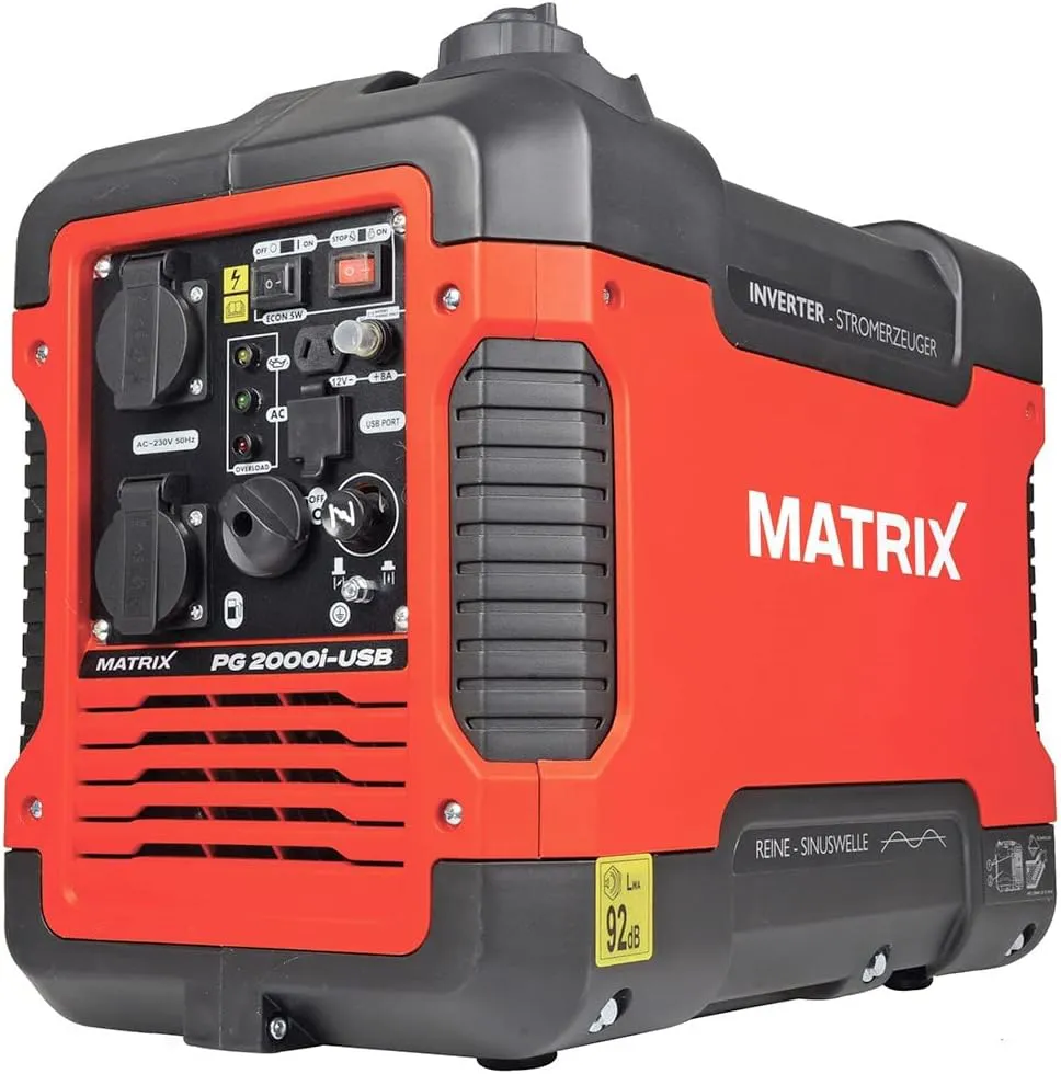 Bild von Matrix PG 2000i-USB Benzin Inverter Stromgenerator mit 2000 Watt, 2x230V, 12V und 2xUSB, leise im Eco Modus, 23 kg