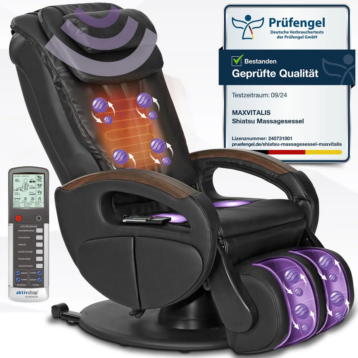 Bild von maxVitalis Shiatsu Massagesessel in Schwarz mit Wärmefunktion, elektrisch verstellbar und 6 Massagearten