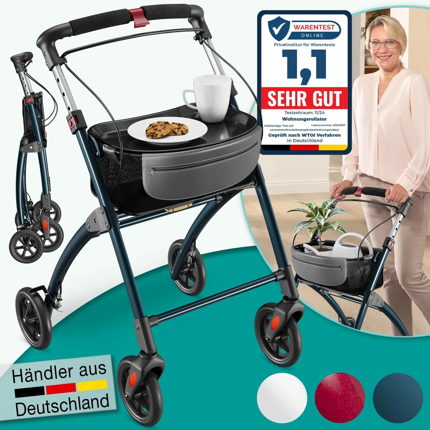 Bild von maxVitalis Wohnungsrollator in Anthrazit, faltbar und leicht, mit Tablett und Stoffkorb, 54 cm breit für den Innenbereich