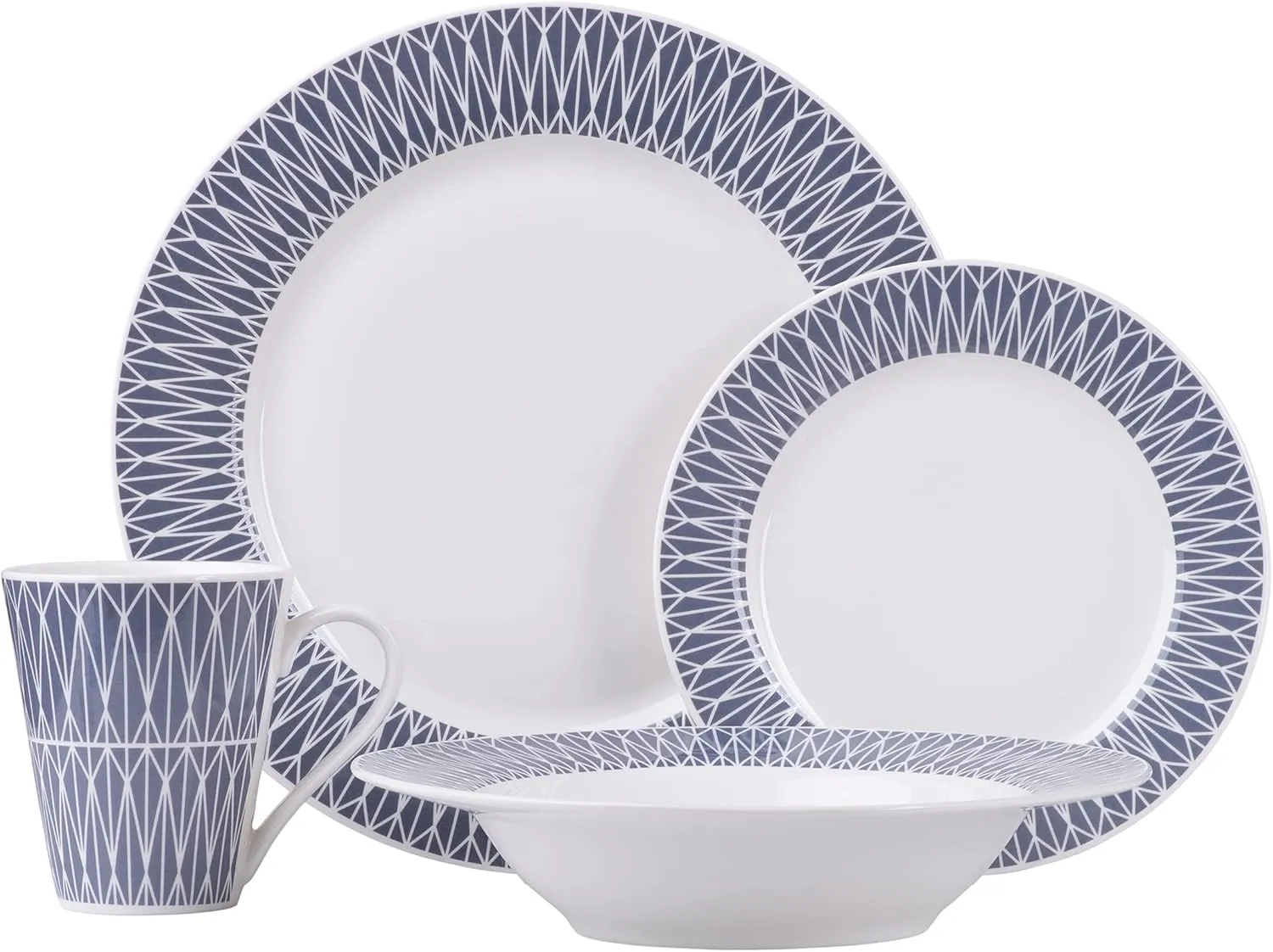 Bild von Maxwell & Williams Zenith 16-teiliges Dinner-Set aus Porzellan mit verziertem Rand in Blau, inklusive Teller und Tassen, in Geschenkbox