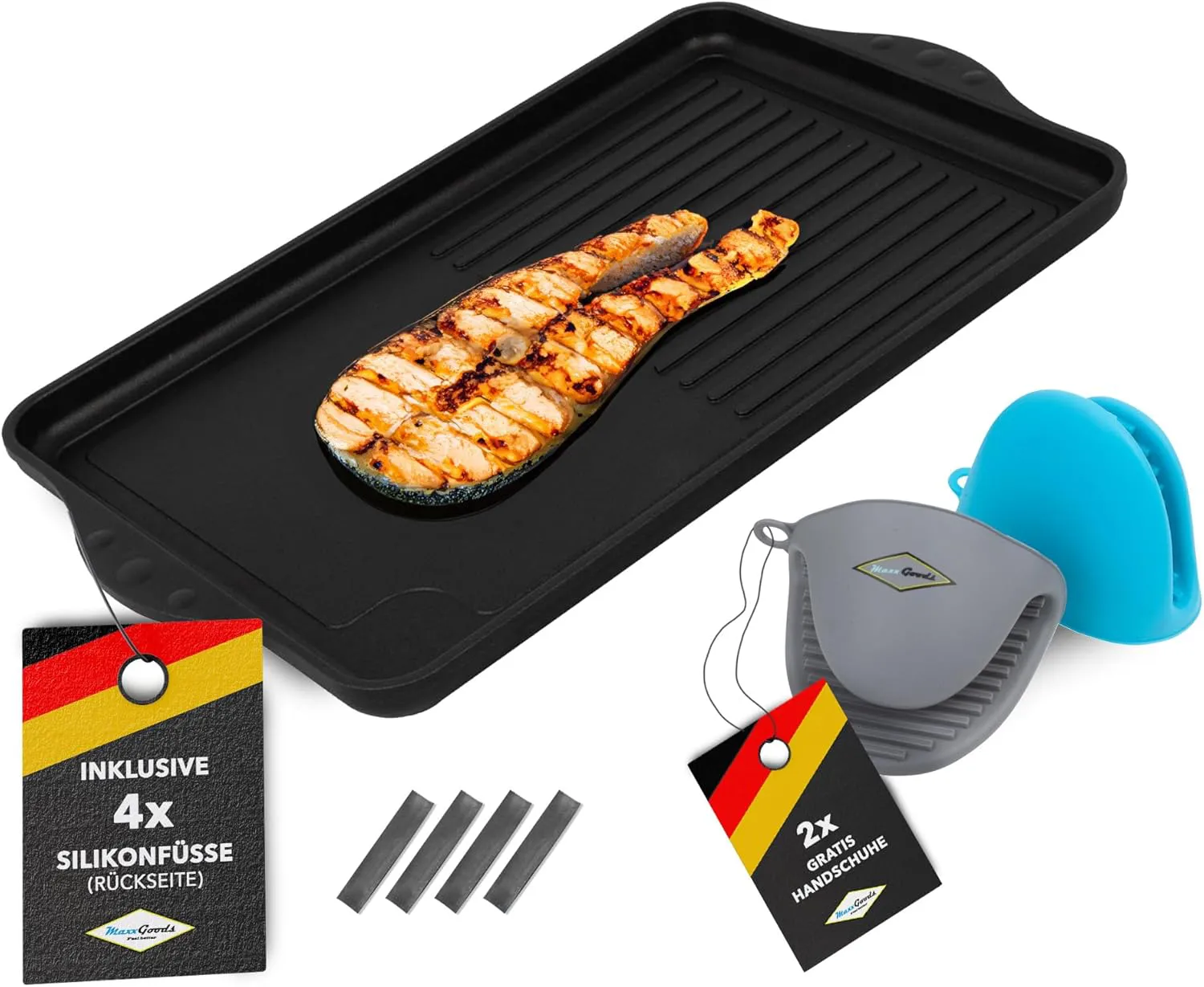 Bild von MaxxGoods Grillplatte aus Aluminiumguss mit halb glatter und gerippter Oberfläche, 43x28x2 cm, geeignet für Induktion und alle Herdplatten, mit Keramikbeschichtung und Antihaftversiegelung, PFOA frei, Made in Germany