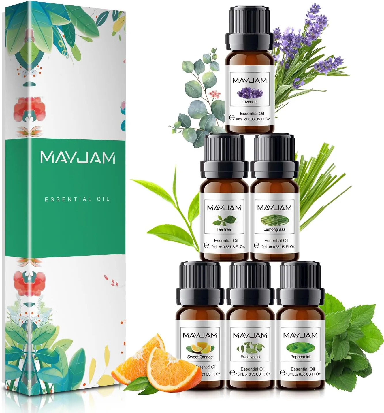 Bild von MAYJAM Ätherische Öle Set mit 6 x 10 ml, inklusive Eukalyptus, Lavendel, Süße Orange, Teebaum, Zitronengras und Pfefferminz für Aromatherapie und Diffuser