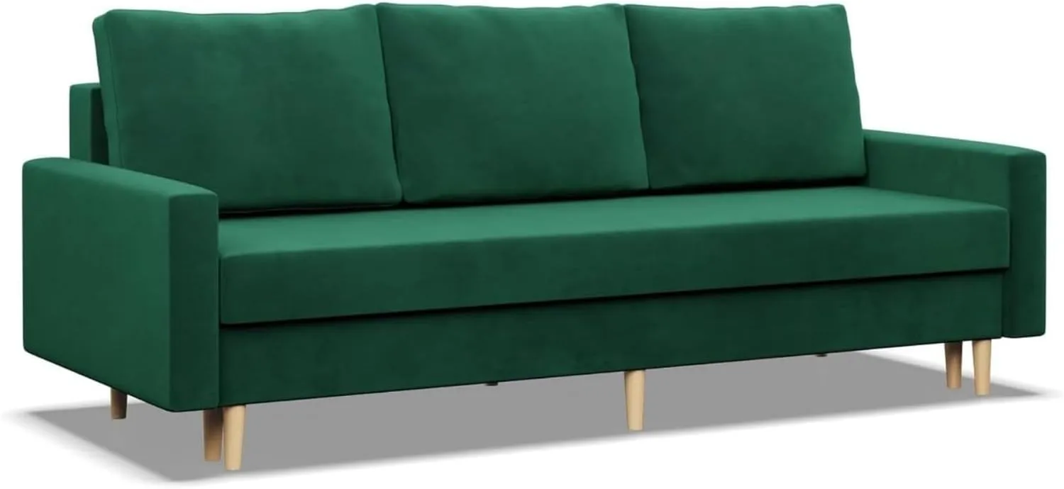 Bild von Mebligo 3-Sitzer Sofa mit Schlaffunktion und Bettkasten in Flaschengrün, 212 cm breit, auf Holzfüßen