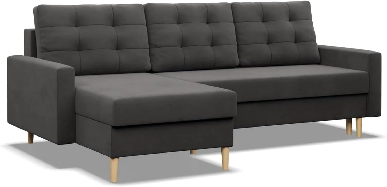 Bild von Mebligo Ecksofa BLANK mit Schlaffunktion und Bettkasten in Grau, 223x88x140 cm, universell einsetzbar für links oder rechts