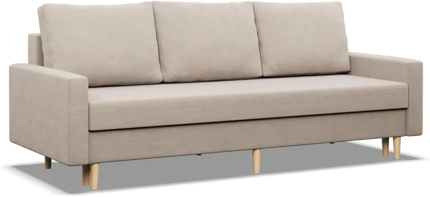 Bild von Mebligo Schlafsofa mit Schlaffunktion und Bettkasten in Beige, 3-Sitzer mit 212 cm Breite und Bonellfederkern