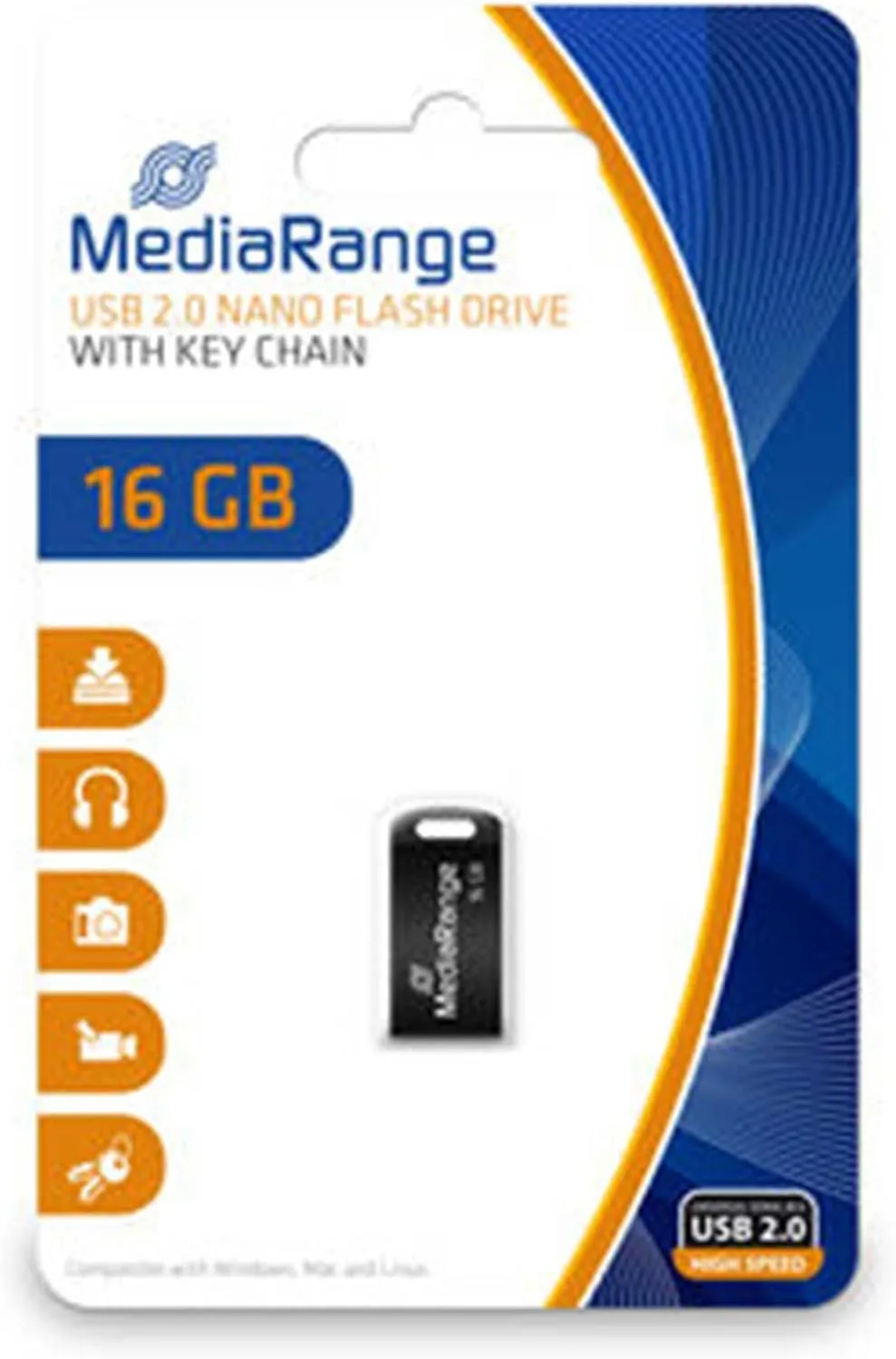 Bild von MediaRange USB Nano Speicherstick mit 16 GB und USB 2.0 Anschluss, inklusive Schlüsselanhänger und einer Lesegeschwindigkeit von bis zu 15 MB/s in Schwarz