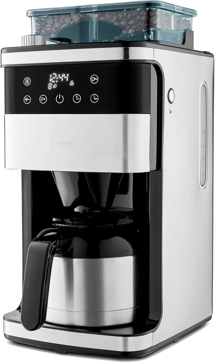 Bild von MEDION Kaffeemaschine MD19911 mit Mahlwerk und Thermoskanne für bis zu 8 Tassen, 1 Liter Fassungsvermögen, 8 Mahlstufen und Timerfunktion