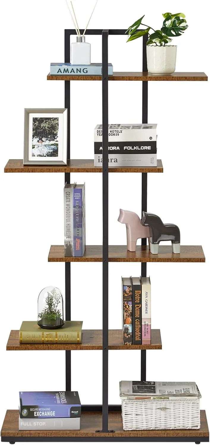 Bild von Meerveil Bücherregal im Retro-Industrie Stil mit 5 asymmetrischen Ebenen, 74 x 28 x 145 cm, in Braun