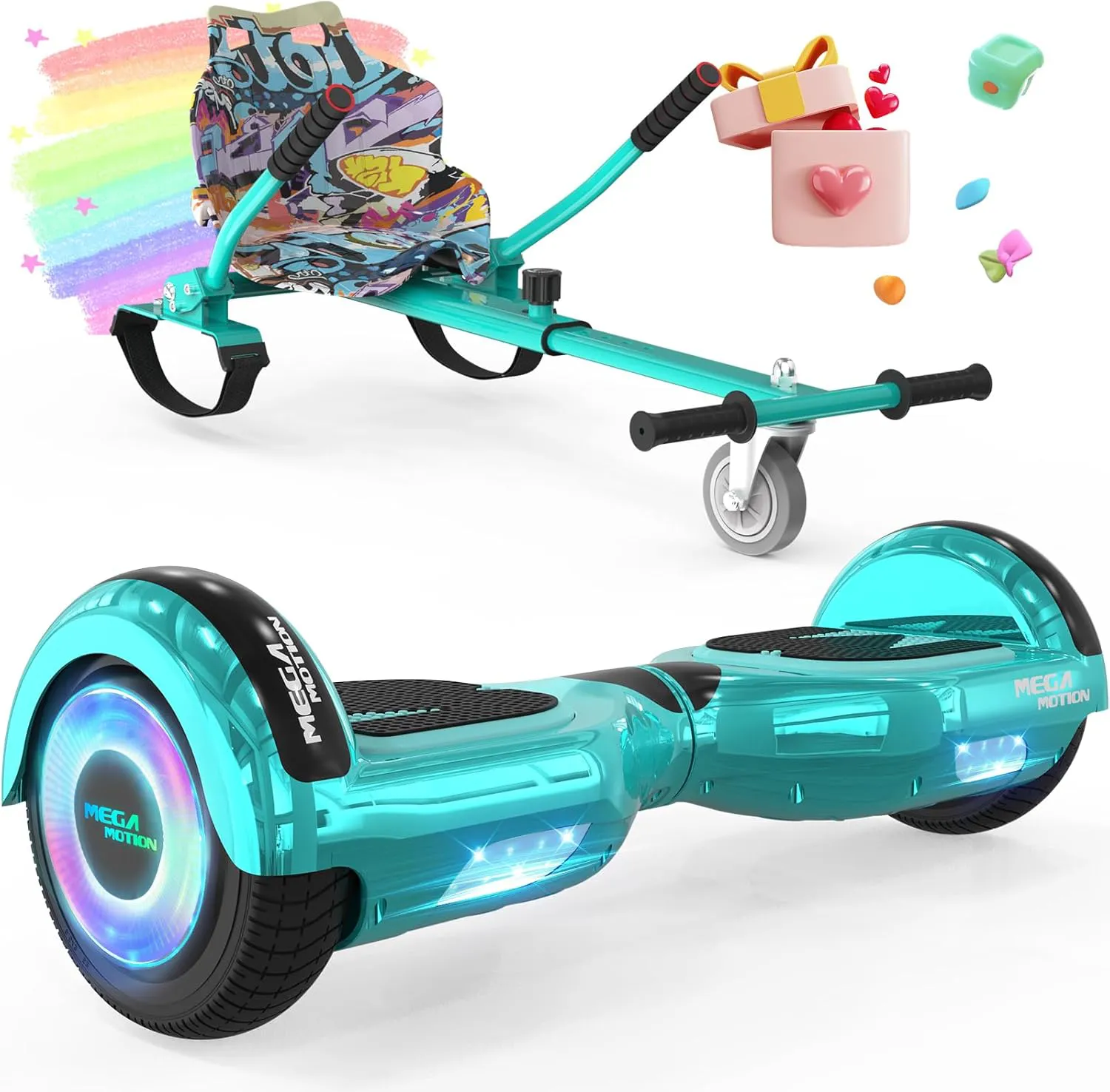 Bild von MEGA MOTION Hoverboard Set mit 6,5 Zoll und Hoverkart für Kinder, selbstbalancierend, rutschfest, mit LED-Lichtern und Bluetooth-Lautsprecher