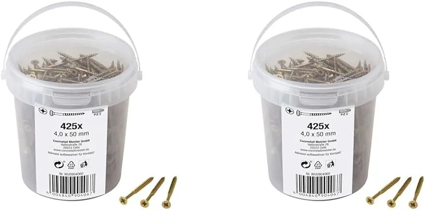Bild von Meister Universalschrauben Set mit 425 Stück in 4,0 x 50 mm, Senkkopf und Teilgewinde, gelb verzinkt, inklusive PZ Pozidriv-Antrieb