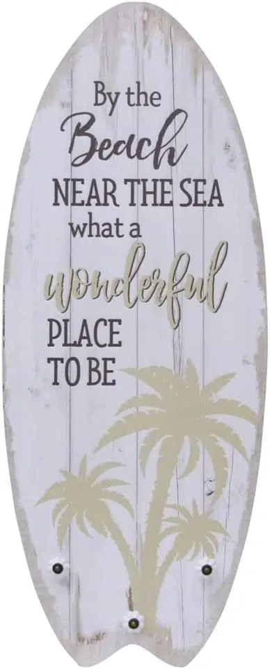 Bild von Melko Plankenschild Beach 100 cm mit Surfboard Design aus Naturholz und Kleiderhaken für rustikale Wanddekoration