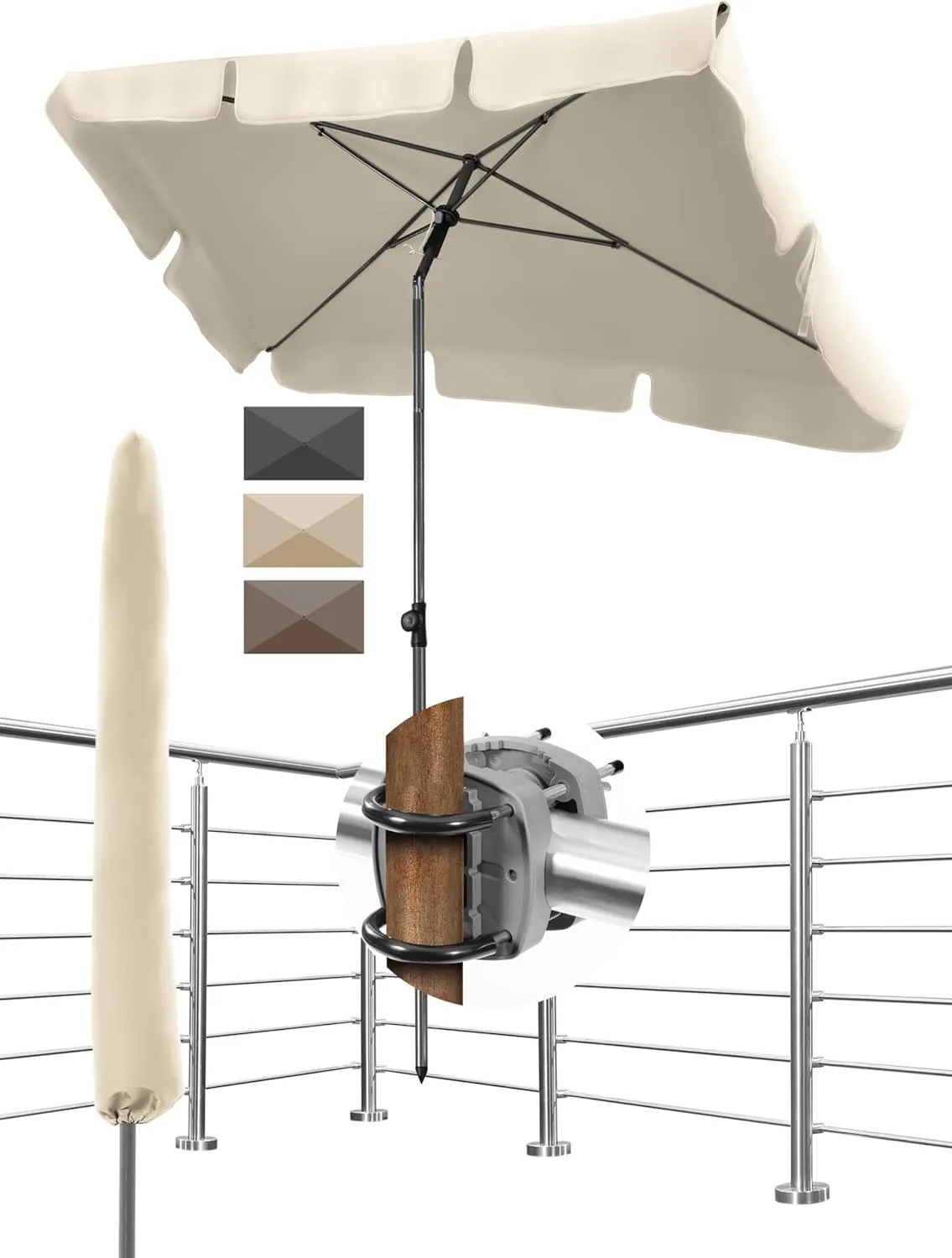 Bild von Menz 3-in-1 Sonnenschirm Set für Balkon in Beige mit UPF 50+, rechteckig 200x125 cm, inklusive Sonnenschirmhalter und Schutzhülle