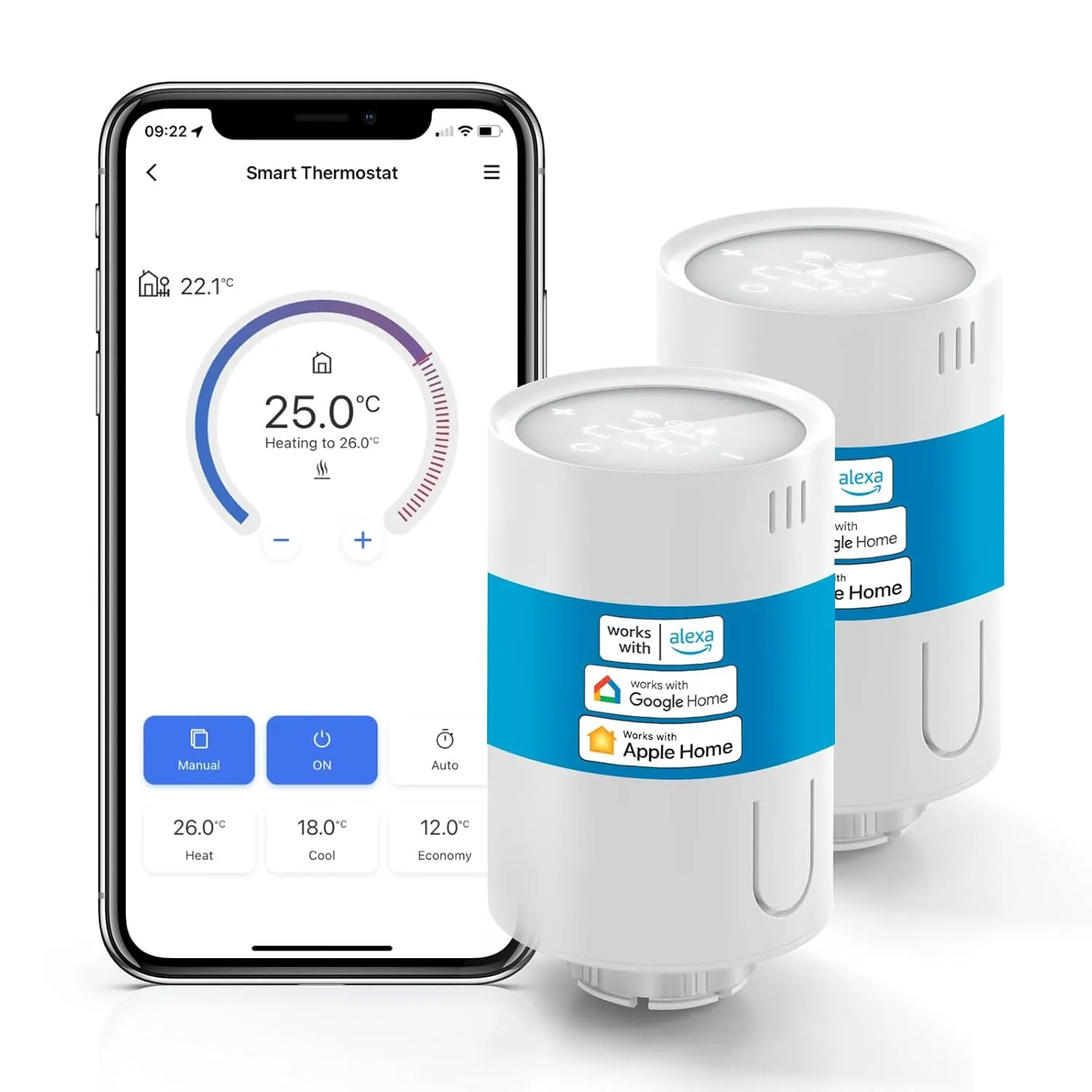 Bild von Meross smartes Heizkörperthermostat für WLAN mit Hub, kompatibel mit HomeKit, Alexa und Google Assistant, 2 Stück