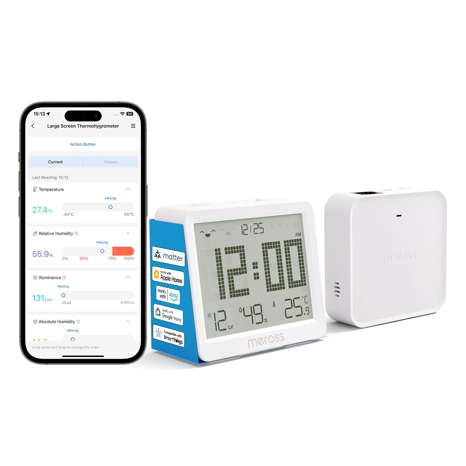 Bild von Meross WLAN Hygrometer Thermometer für Innenräume mit Smart LCD und App-Benachrichtigung, kompatibel mit Matter, HomeKit, Alexa und Google, inklusive MSH450 Hub