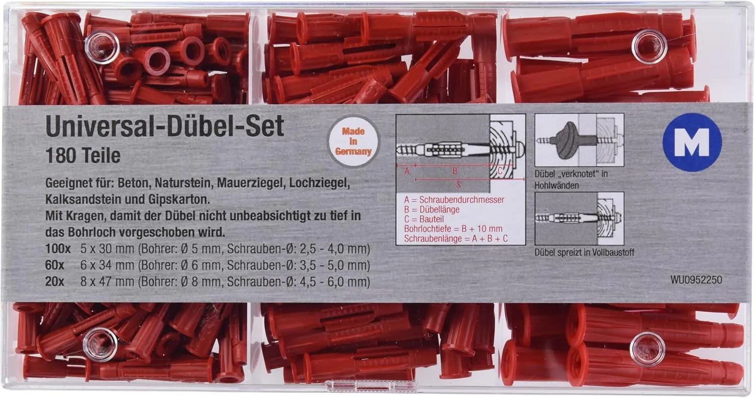 Bild von Metafranc 952250 Universaldübel Sortiment mit 180 Teilen in den Durchmessern 5, 6 und 8 mm für Befestigungen in Voll- und Hohlbaustoffen