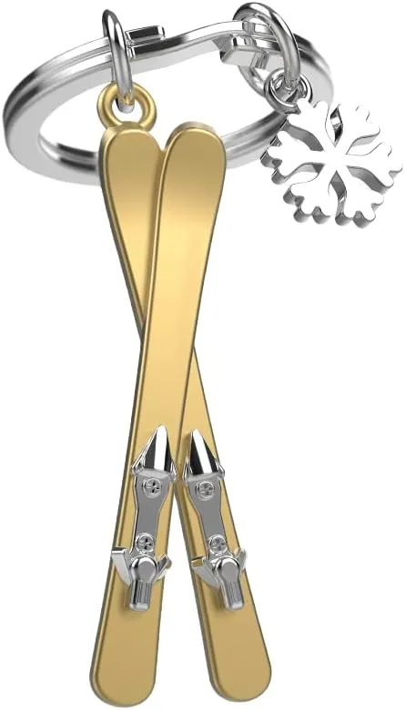 Bild von Metalmorphose Schlüsselanhänger mit gelber Ente und silbernem Baby, goldfarben, Modell MTM925-05, inklusive Ski-Paar