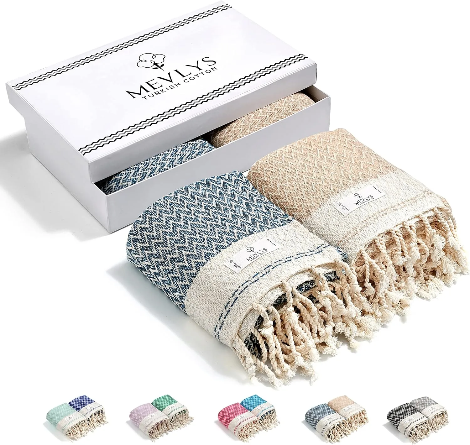 Bild von MEVLYS 2er Pack Saunatücher und Strandtücher aus Baumwolle in Petrol Blau und Pastellbeige