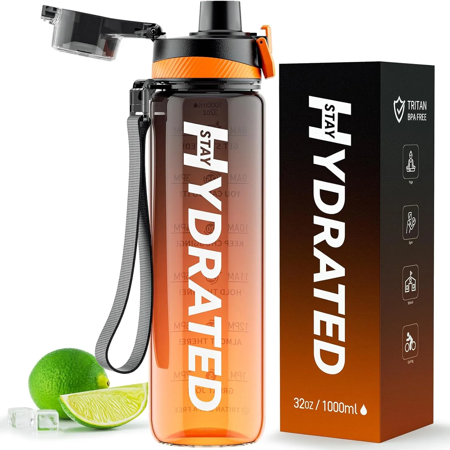 Bild von Mevoly 1 Liter Trinkflasche aus Tritan, auslaufsicher und BPA-frei, mit Zeitmarkierung und abnehmbarer Schnürung für Sport und Outdoor