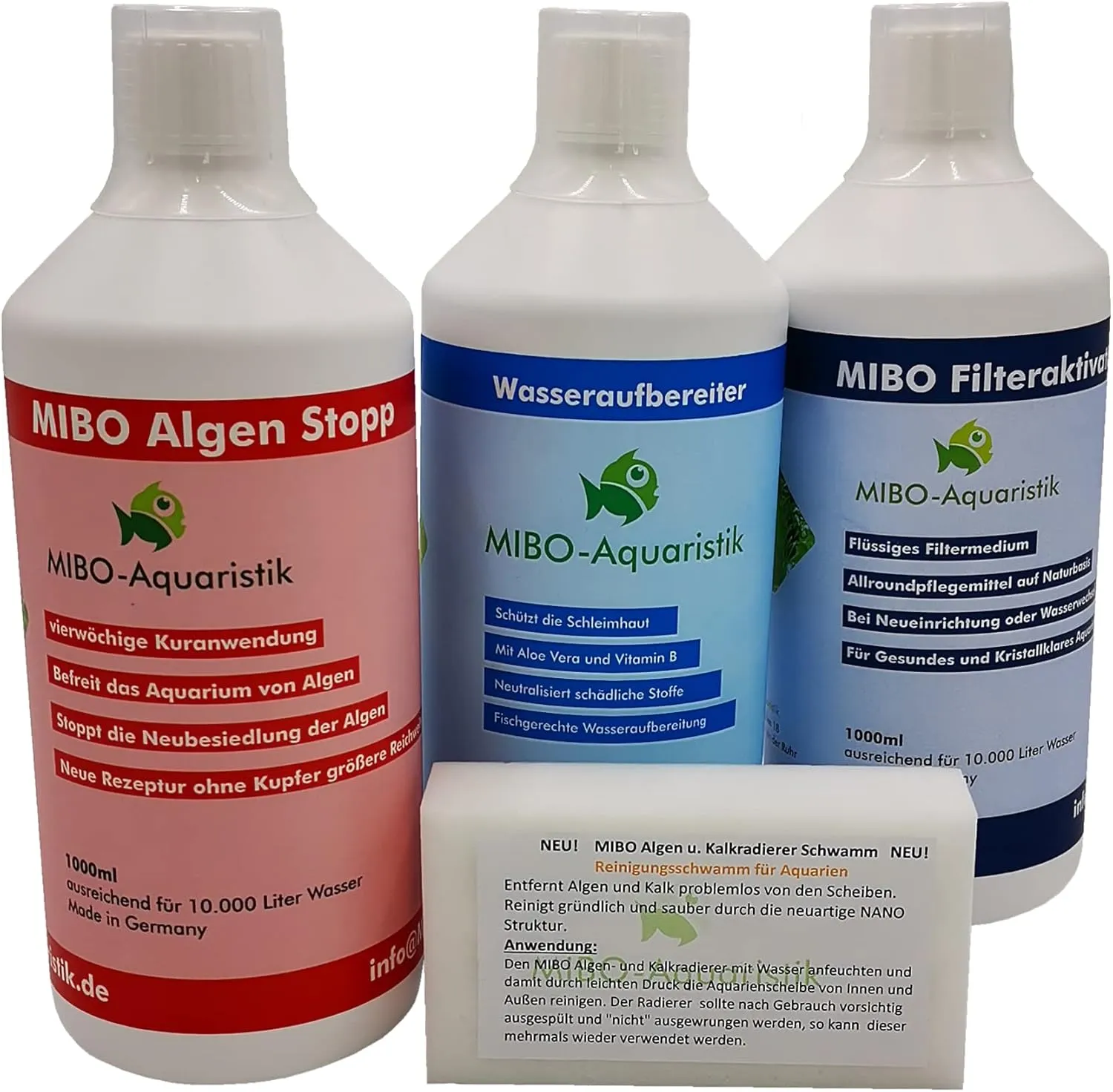 Bild von MIBO Aquarium Pflege Set mit drei 1000 ml Flaschen und Algenradierer