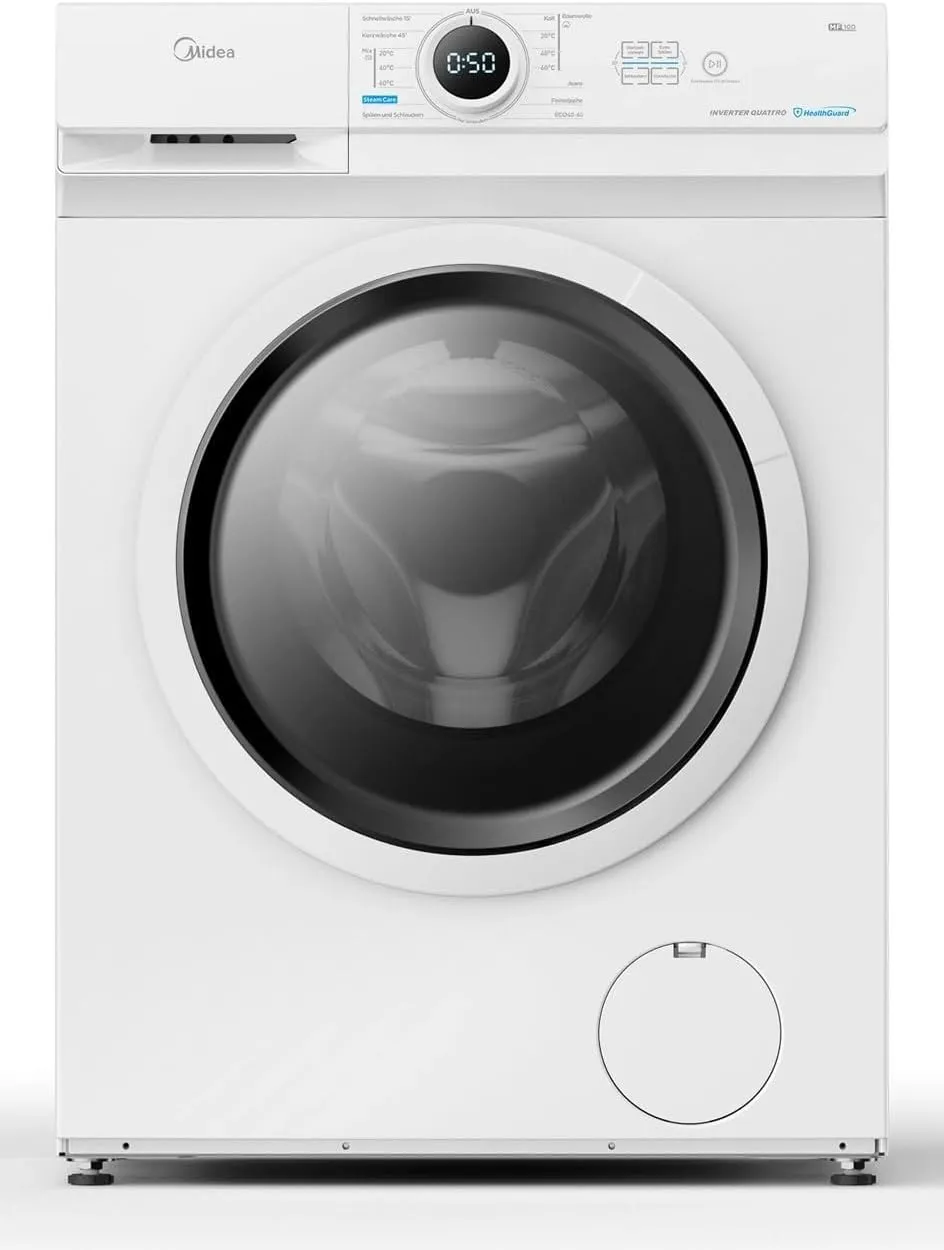 Bild von Midea MF10EW80B Waschmaschine mit 8 kg Fassungsvermögen, 1400 U/min, EEK A, Inverter Quattro Motor, Dampffunktion, Slim Design und AquaStop in Weiß