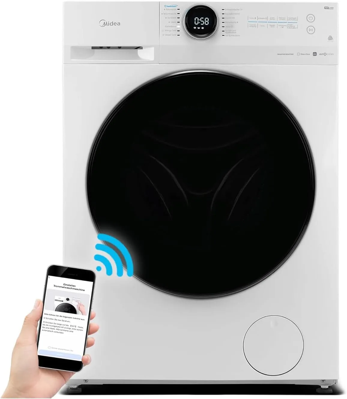 Bild von Midea MF200W100WB-14A Waschmaschine mit 10 kg Fassungsvermögen, 1400 U/min, Inverter Motor, Wasserschutzsystem, Dampffunktion, Nachlegefunktion und App-Steuerung in Weiß