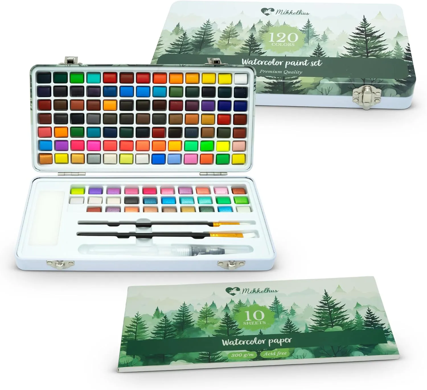 Bild von Mikkelhus Aquarellfarben Set mit 120 Farben in tragbarer Box, inklusive Metallic- und Fluoreszenzfarben, Pinsel und Aquarellpapier