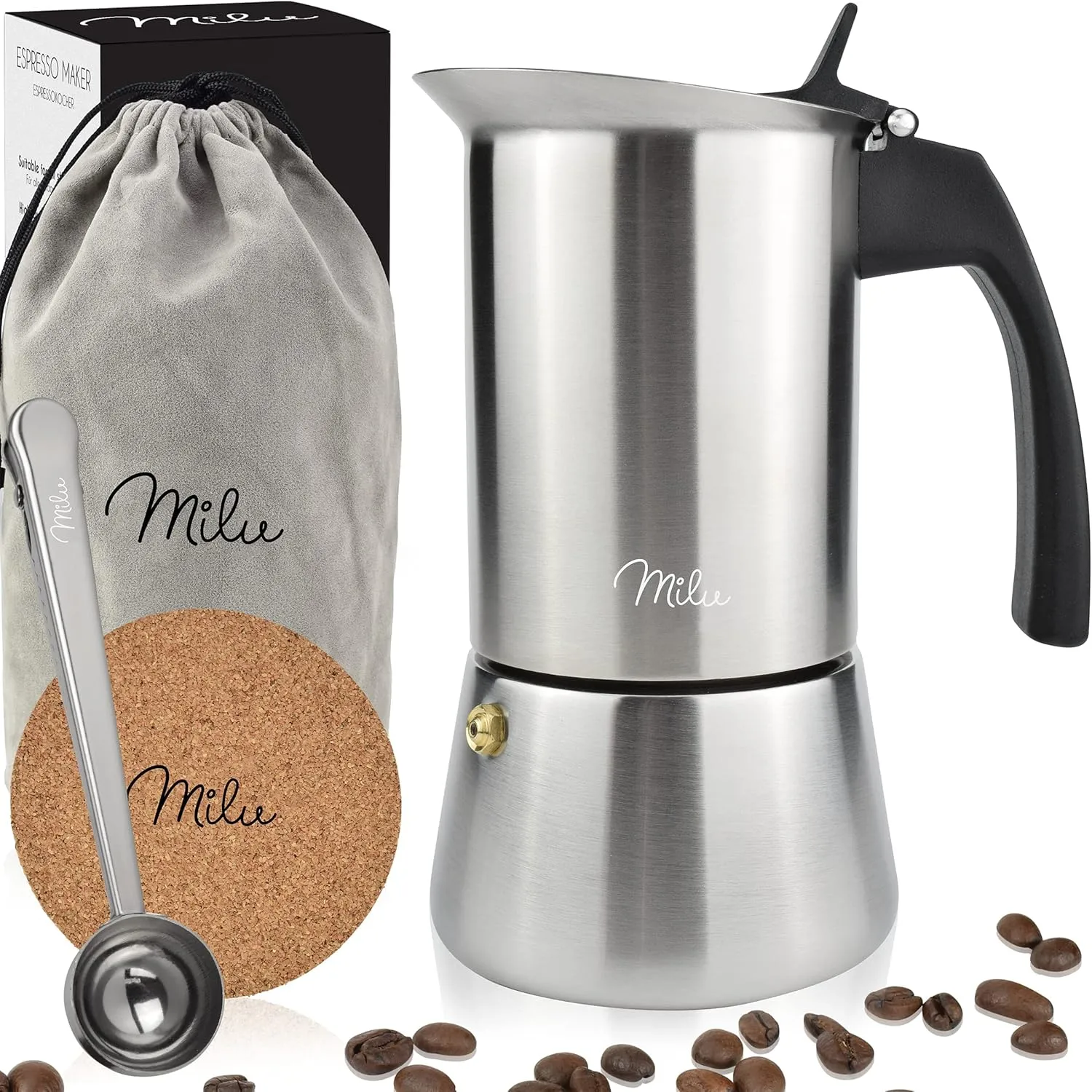 Bild von Milu Espressokocher für Induktion aus Edelstahl für 4 Tassen mit Zubehör