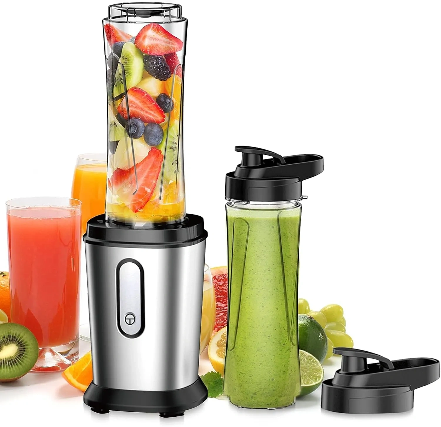 Bild von Mini Standmixer mit 500 Watt und zwei 600 ml Flaschen aus BPA-freiem Tritan, Edelstahl 4-Blatt für Shakes, Smoothies und Babynahrung in Silber
