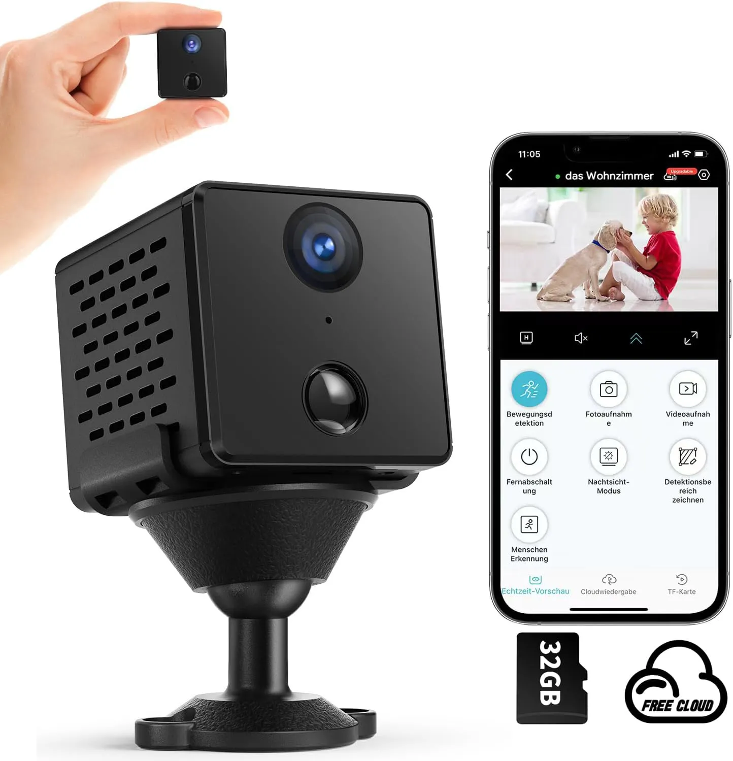 Bild von Mini Überwachungskamera mit 4K HD, Wifi, Nachtsicht und Bewegungsmelder, inklusive 32 GB Speicherkarte und 3000 mAH Akku