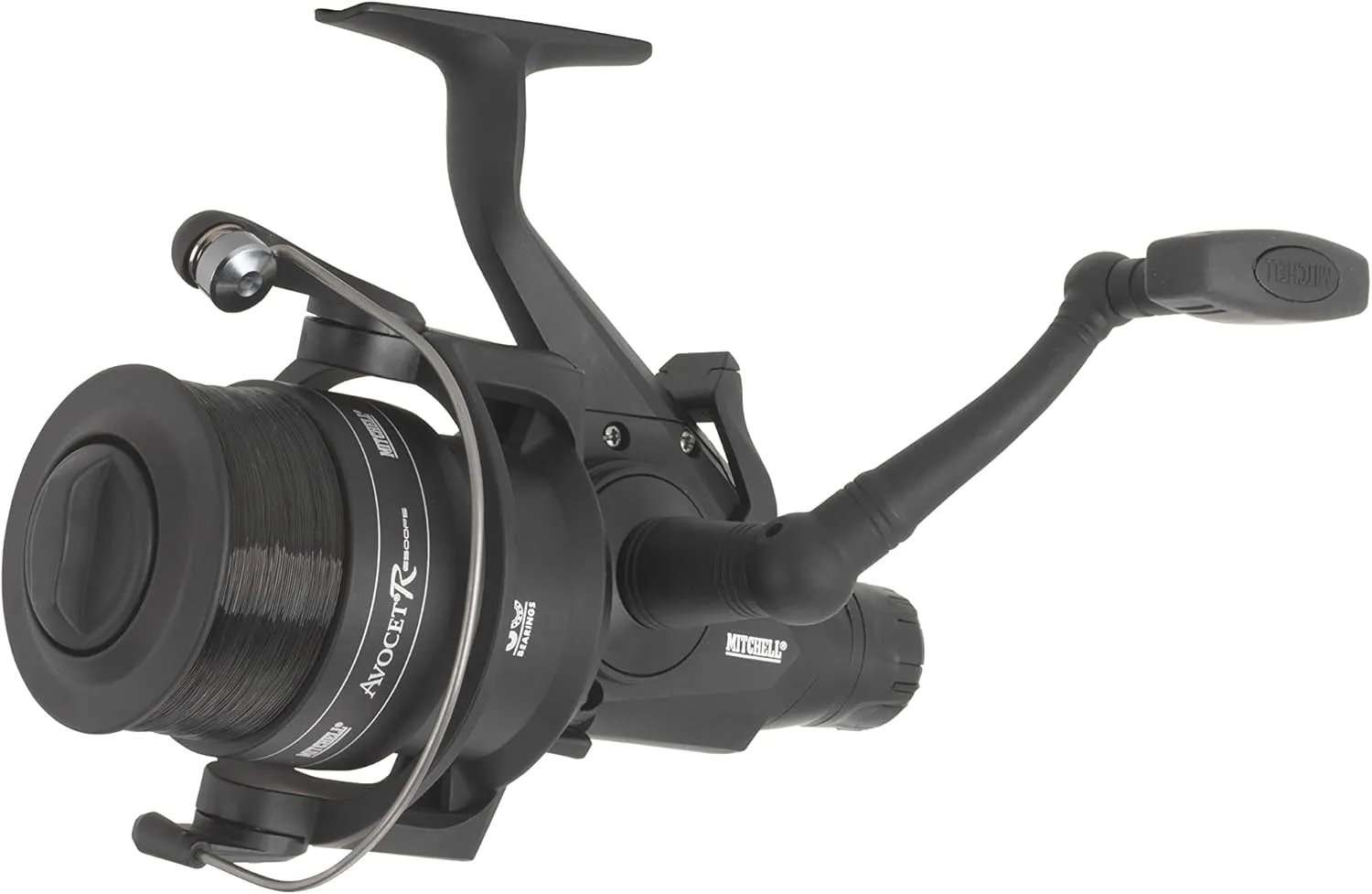 Bild von Mitchell Avocet Black Edition Karpfen- und Welsrolle mit One-Touch-Klappgriff und Holzknauf, vorbespult mit Angelschnur