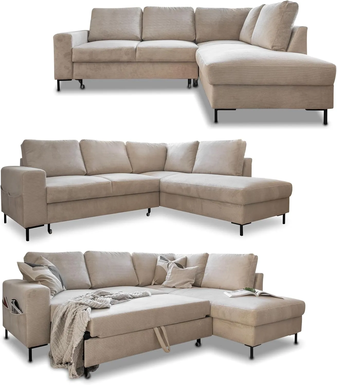Bild von MIUFORM Lofty Lilly Ecksofa in Beige mit Schlaffunktion und Metallfüßen, rechts ausgerichtet