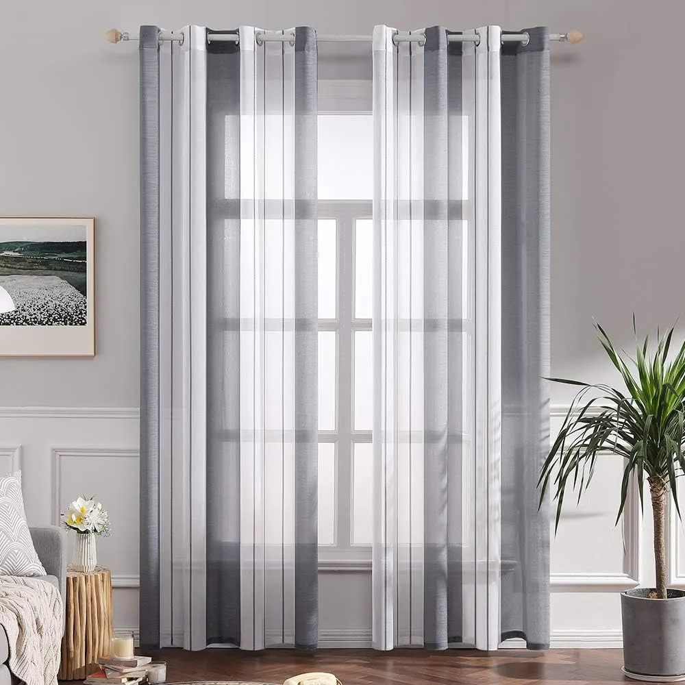 Bild von MIULEE 2er Set gestreifte transparente Gardinen mit Ösen in Grau und Weiß, halbtransparent, 140x225 cm