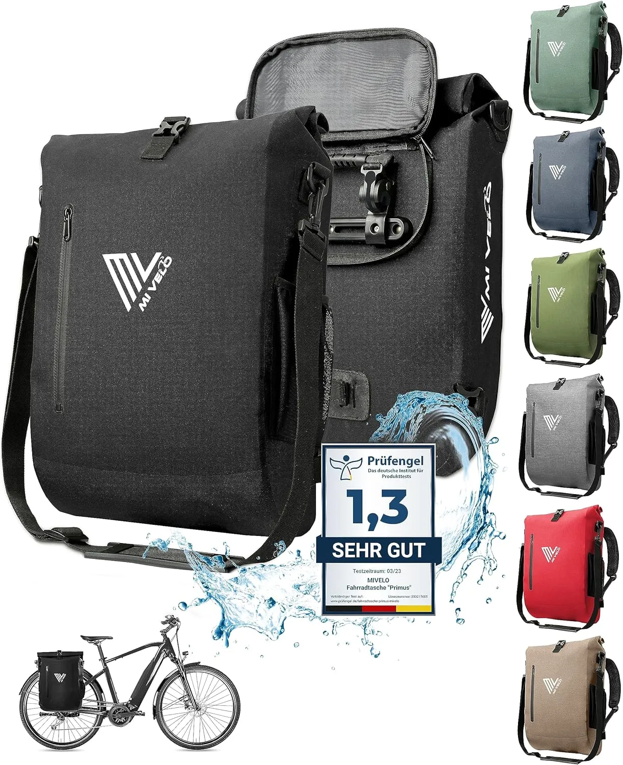 Bild von MIVELO 3 in 1 Fahrradtasche in Schwarz mit 20 Litern, wasserdicht und mit gepolstertem Laptopfach, als Rucksack und Schultertasche nutzbar