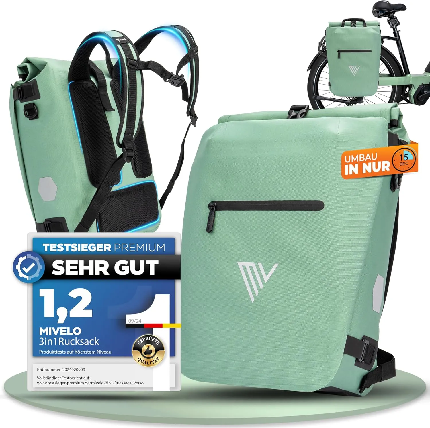 Bild von MIVELO 3in1 Fahrradtasche für Gepäckträger in Mint, umbaubar zu Rucksack und Umhängetasche, 100% wasserdicht
